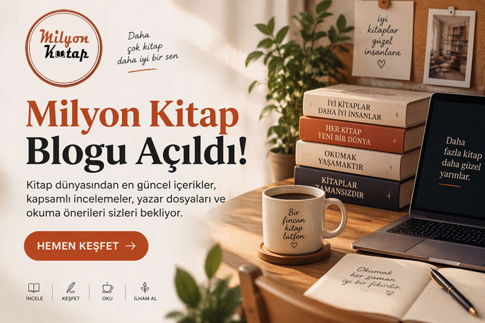 Milyon Kitap Blogu açılış bannerı, kitaplar, kahve fincanı ve çalışma masası eşliğinde kitap incelemeleri ve okuma önerileri
